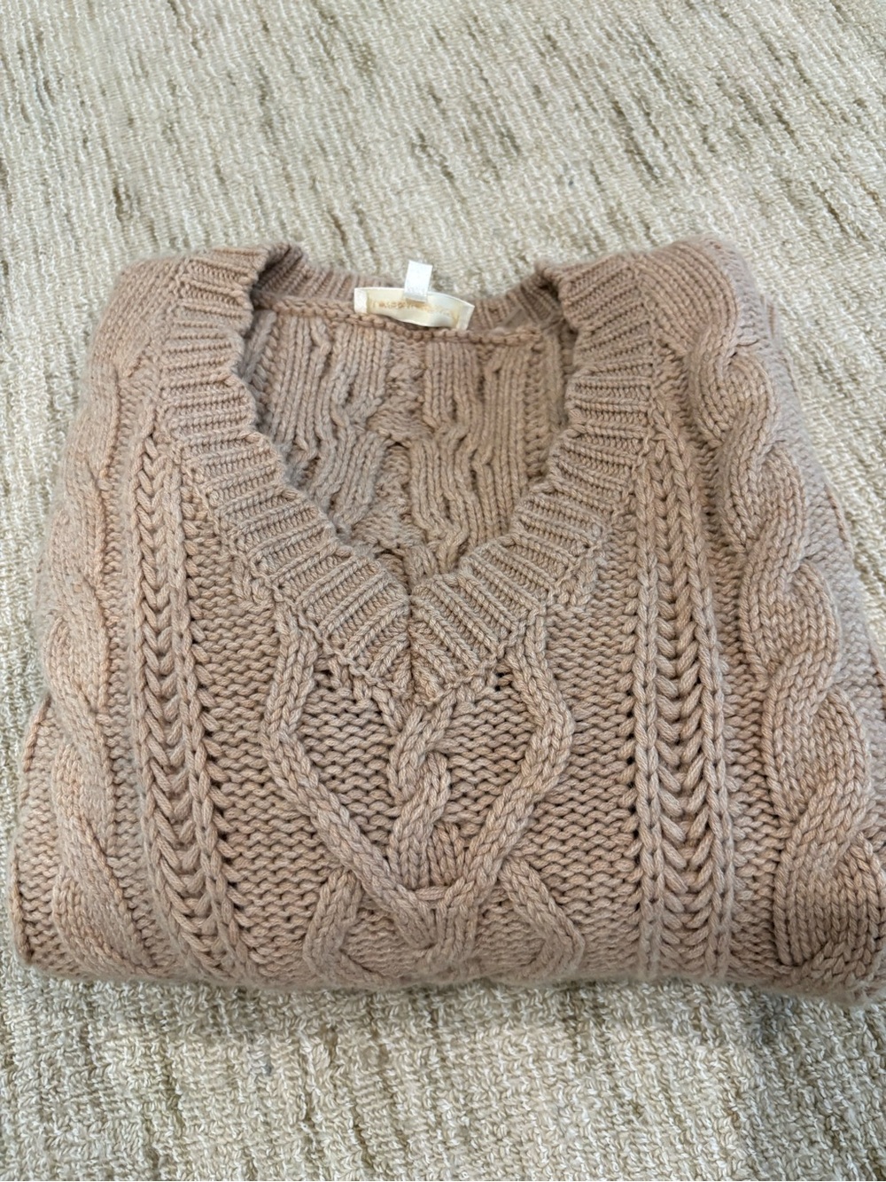 LoveShackFancy Cable Knit V-Neck Sweater in Mauve Taupe